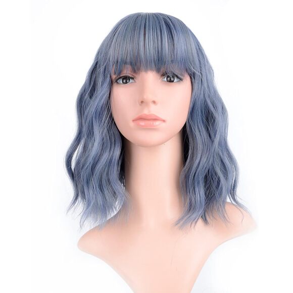 Women's Short Mix Blue Wigs Curly Wavy Shoulder Length Pastel Bob - Picture 1 of 2